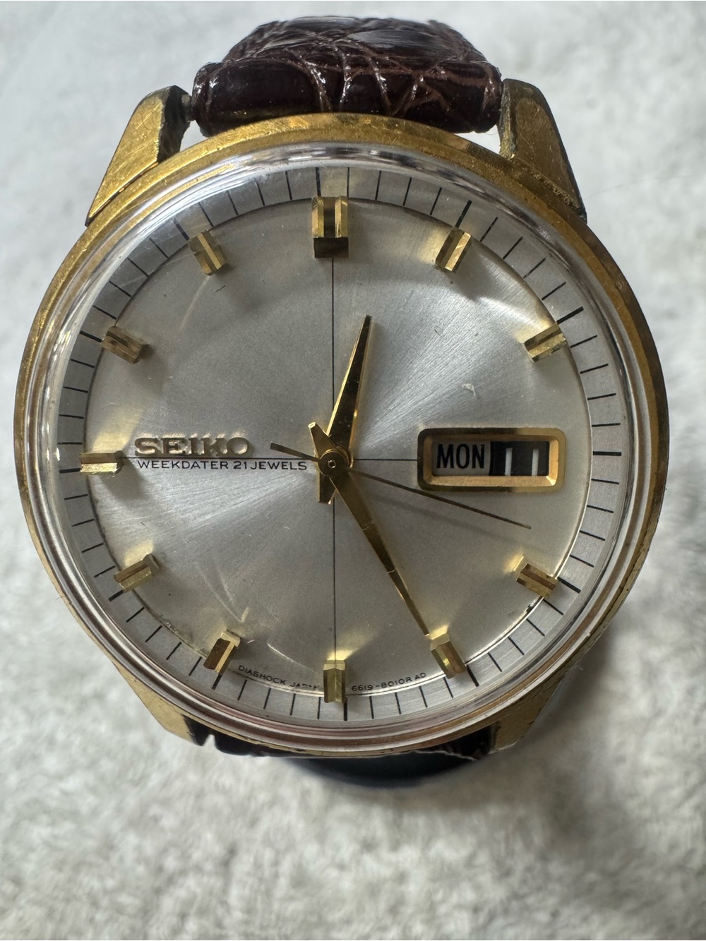 Seiko Gold Tone Weekdater Wristwatch - Silver Dial, Brown Strap